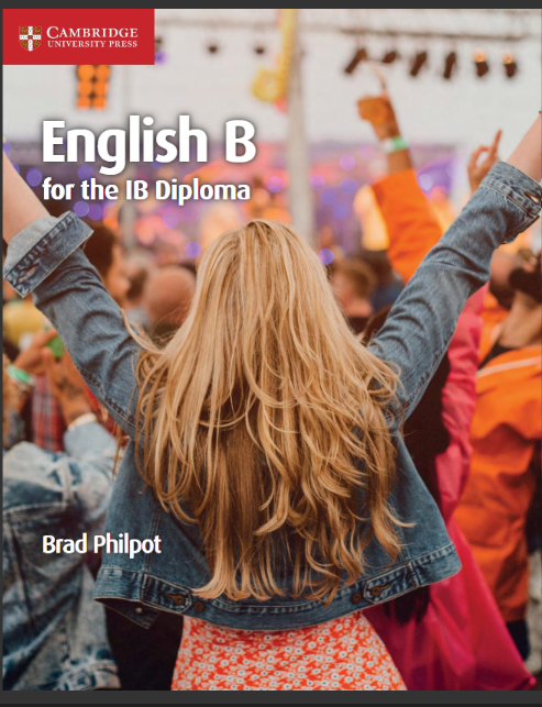9781108760300 English B for the IB Diploma Coursebook with Digital Access' featuring a student with arms raised in the air, indicating celebration or joy, with a diverse group of people in the background.