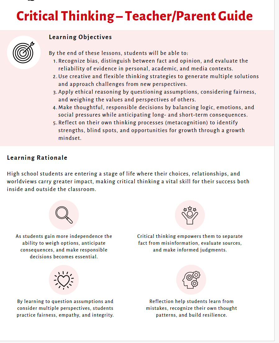 Critical Thinking: Building Healthy Decision-Making Skills (High School) Teacher Resource Pack