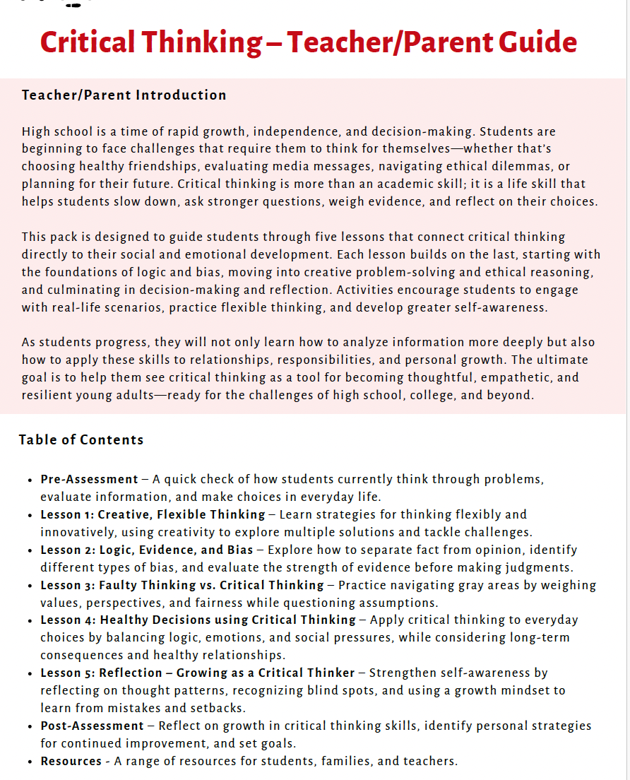 Critical Thinking: Building Healthy Decision-Making Skills (High School) Teacher Resource Pack