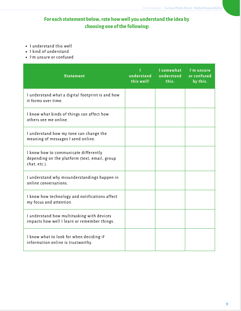 Curious Minds Ahead: Exploring Digital Responsibility, AI Literacy and Critical Thinking (Middle School) Workbook