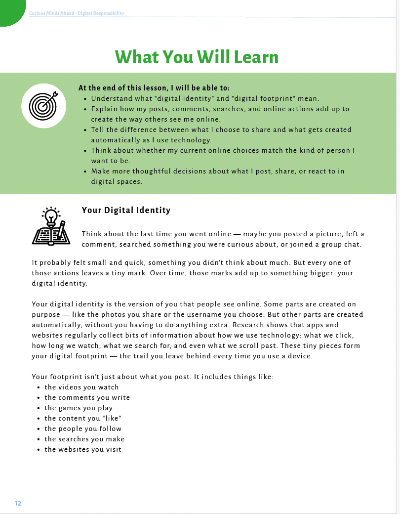 Curious Minds Ahead: Exploring Digital Responsibility, AI Literacy and Critical Thinking (Middle School) Workbook