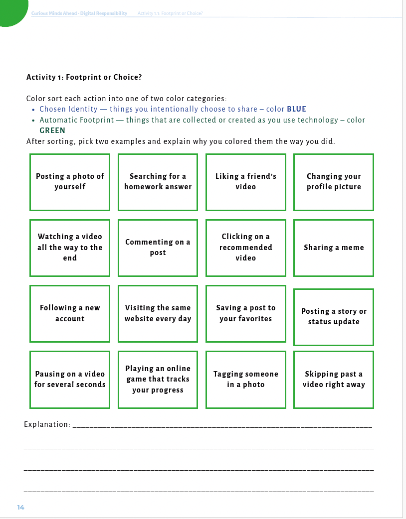 Curious Minds Ahead: Exploring Digital Responsibility, AI Literacy and Critical Thinking (Middle School) Workbook
