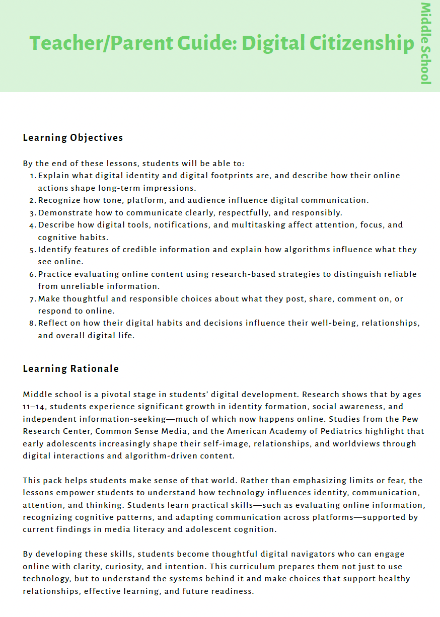 Curious Minds Ahead: Exploring Digital Responsibility, AI Literacy and Critical Thinking (Middle School) Instructional Guide