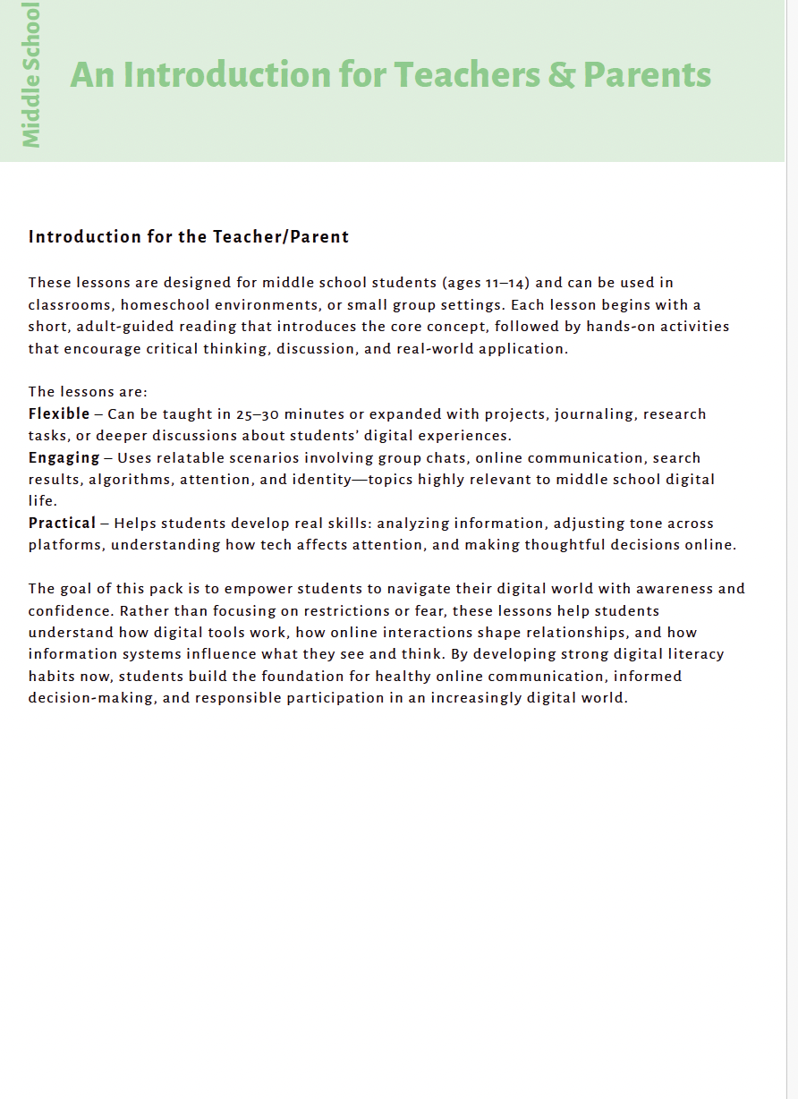 Curious Minds Ahead: Exploring Digital Responsibility, AI Literacy and Critical Thinking (Middle School) Instructional Guide