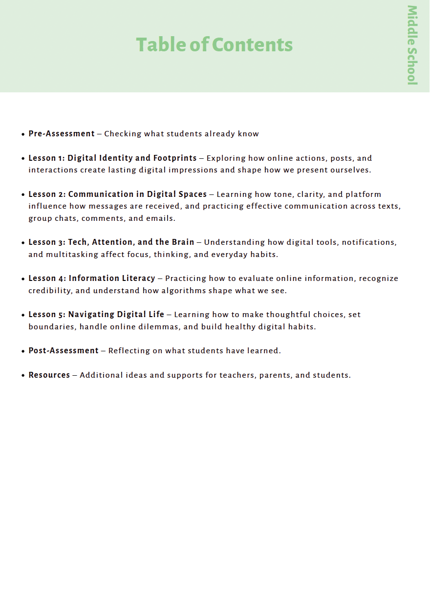 Curious Minds Ahead: Exploring Digital Responsibility, AI Literacy and Critical Thinking (Middle School) Instructional Guide