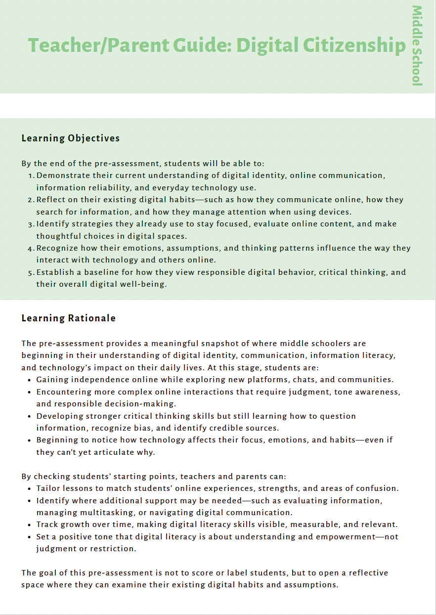 Curious Minds Ahead: Exploring Digital Responsibility, AI Literacy and Critical Thinking (Middle School) Instructional Guide
