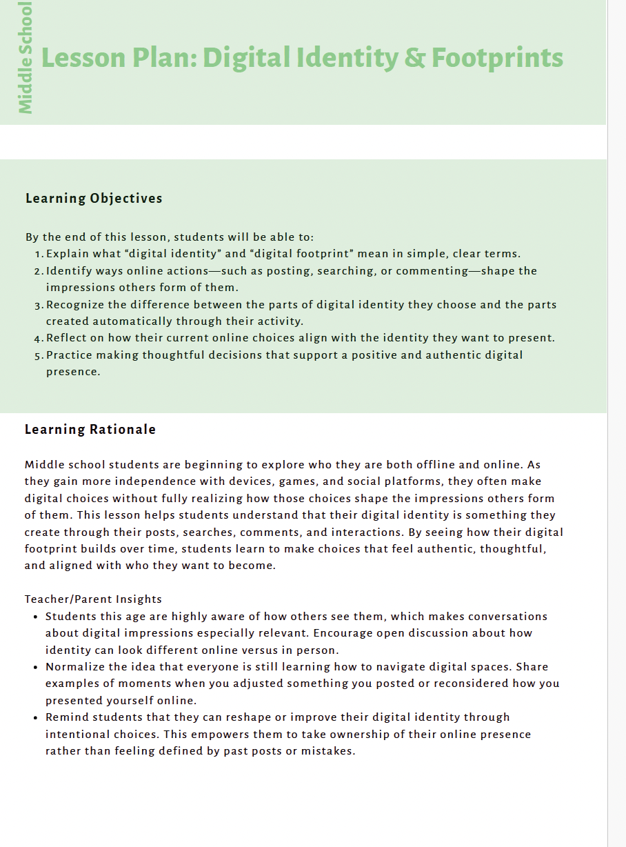 Curious Minds Ahead: Exploring Digital Responsibility, AI Literacy and Critical Thinking (Middle School) Instructional Guide