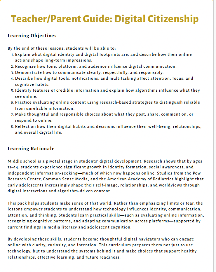 Digital Citizenship (Middle School) Teacher Resource Pack