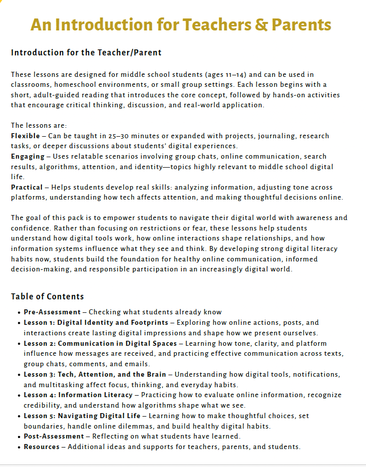 Digital Citizenship (Middle School) Teacher Resource Pack