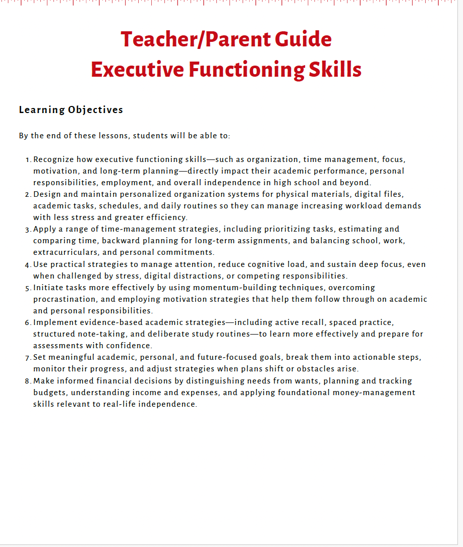 Executive Functioning Skills (High School) Teacher Resource Pack