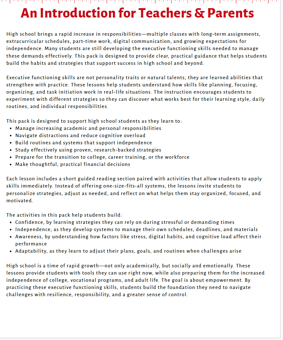 Executive Functioning Skills (High School) Teacher Resource Pack — image 4