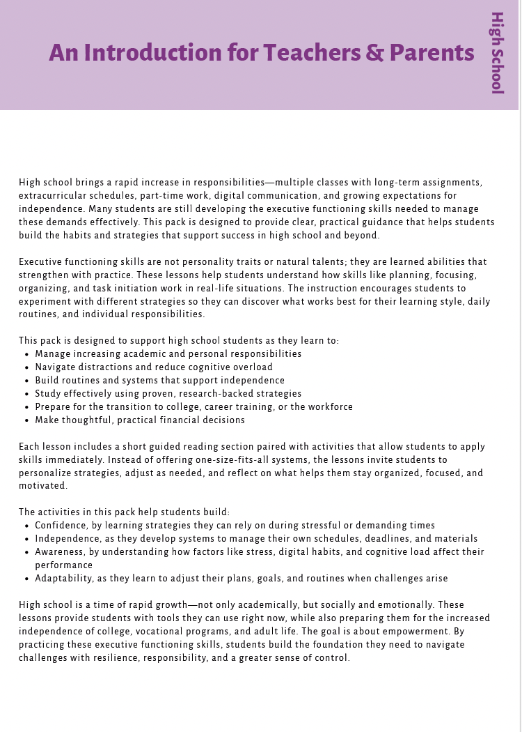 Executive Functioning Skills (High School) Instructional Guide