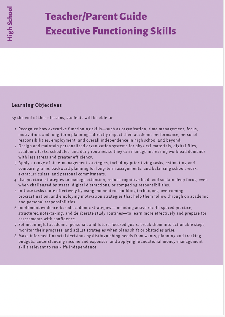 Executive Functioning Skills (High School) Instructional Guide