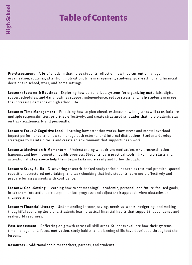 Executive Functioning Skills (High School) Instructional Guide