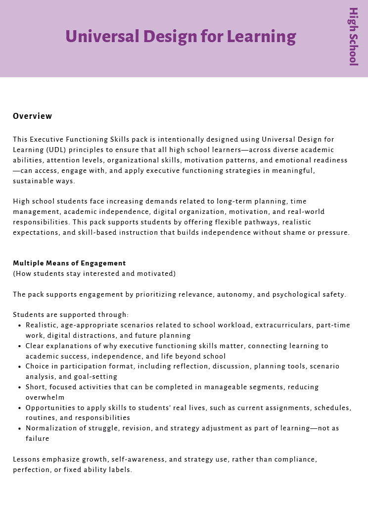 Executive Functioning Skills (High School) Instructional Guide