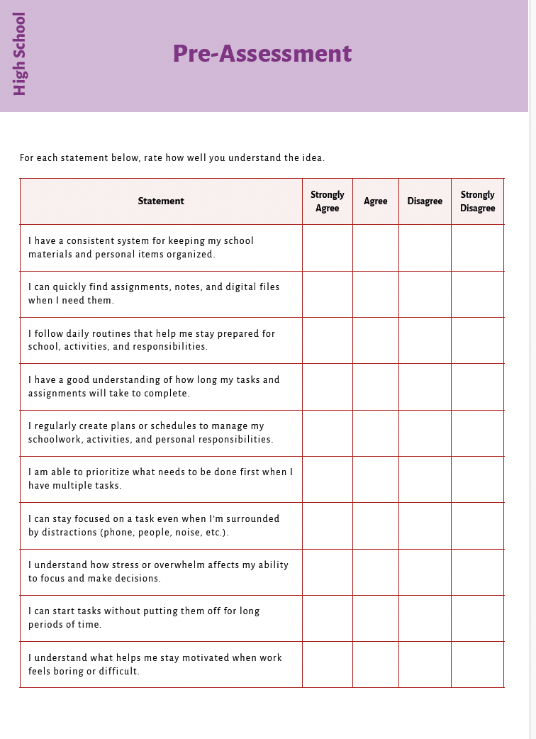 Executive Functioning Skills (High School) Instructional Guide