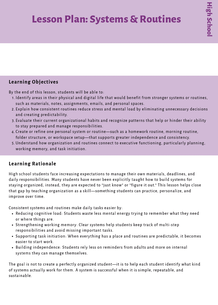 Executive Functioning Skills (High School) Instructional Guide