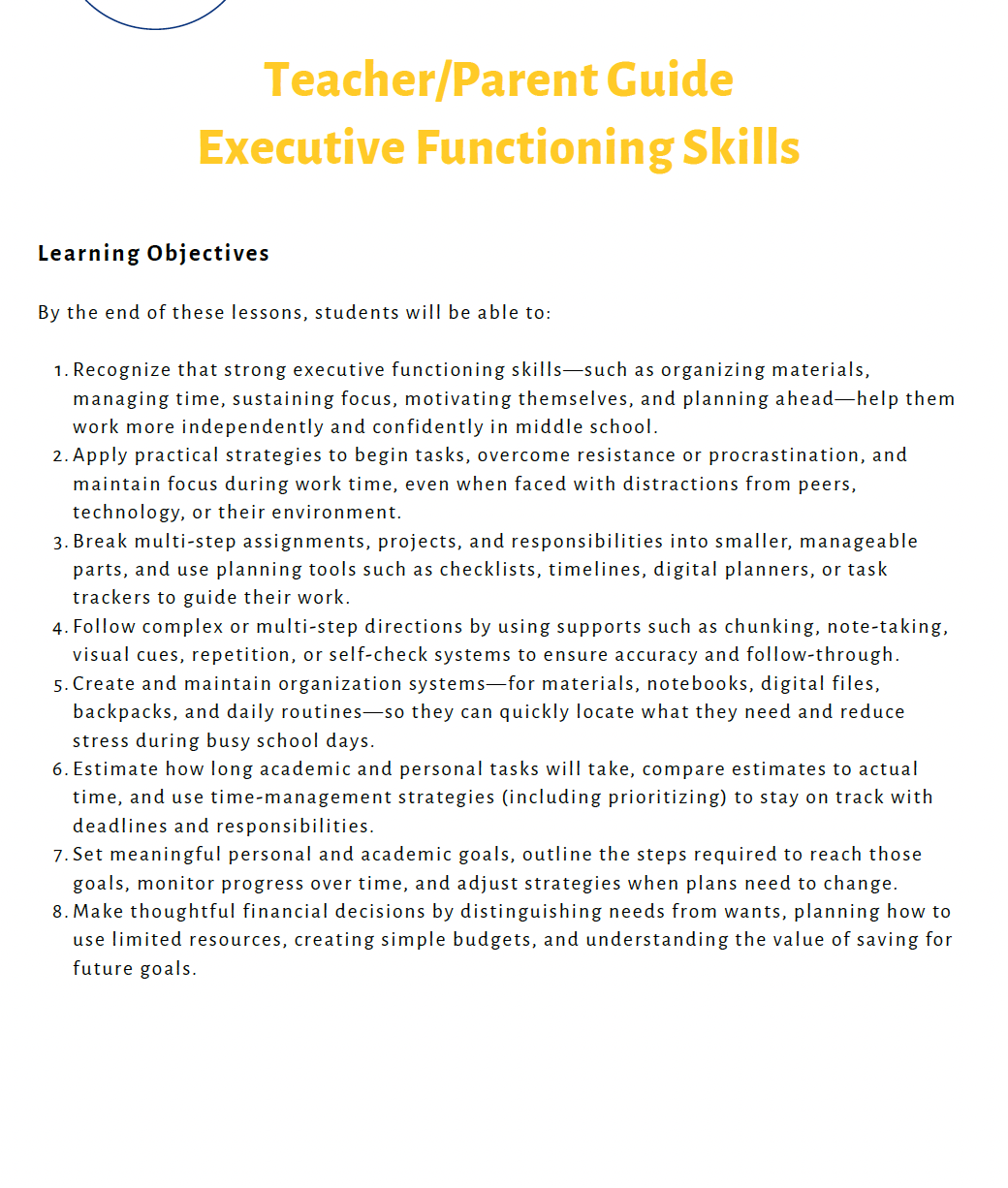 Executive Functioning Skills (Middle School) Teacher Resource Pack — image 2