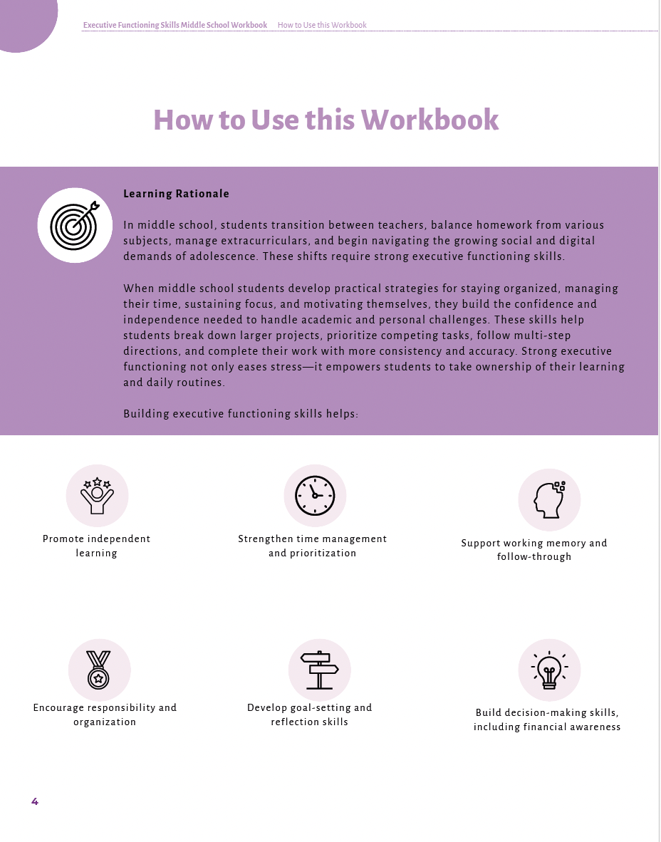 Executive Functioning Skills Middle School Workbook