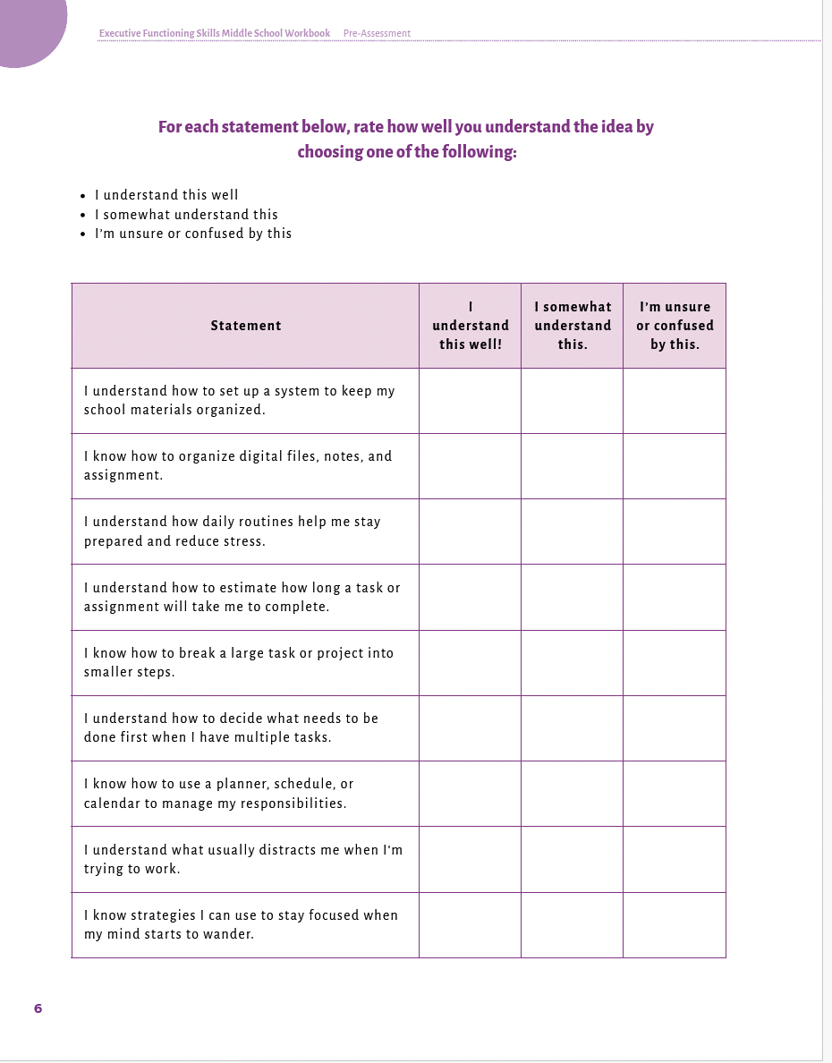 Executive Functioning Skills Middle School Workbook