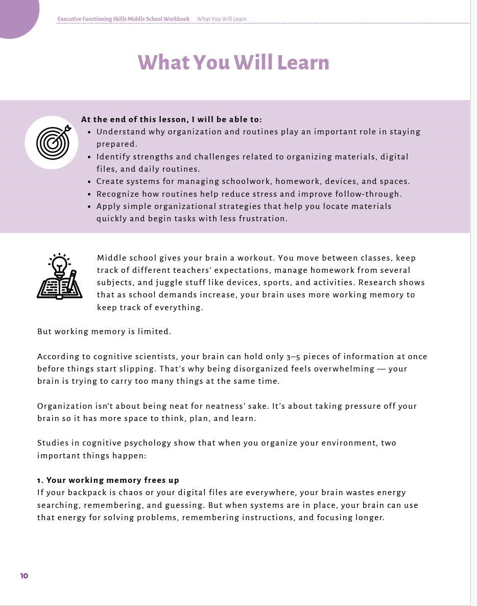 Executive Functioning Skills Middle School Workbook