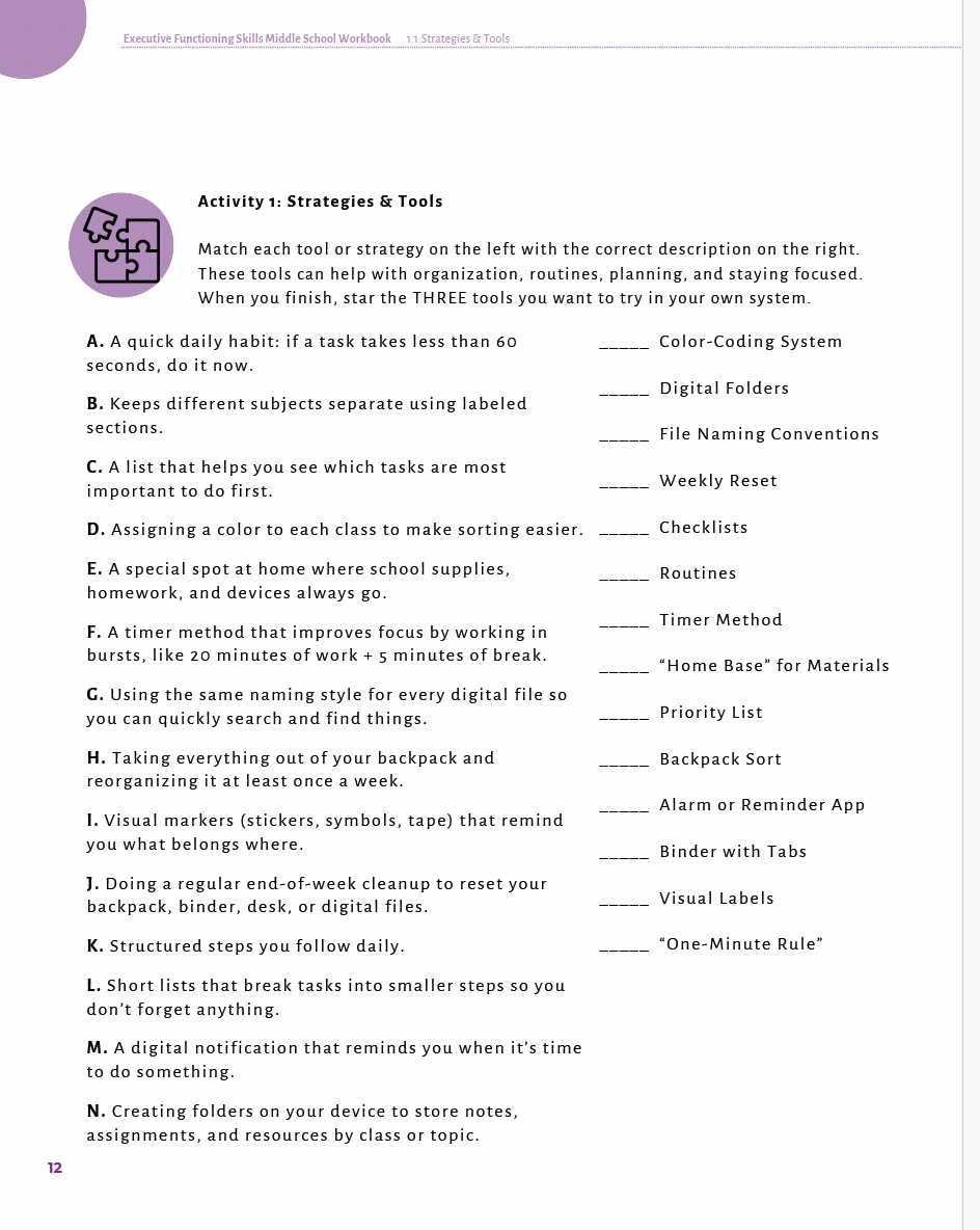 Executive Functioning Skills Middle School Workbook