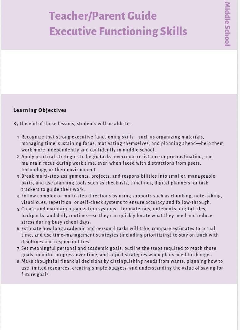 Executive Functioning Skills (Middle School) Instructional Guide