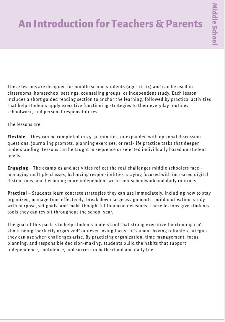Executive Functioning Skills (Middle School) Instructional Guide