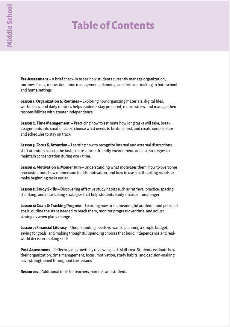 Executive Functioning Skills (Middle School) Instructional Guide