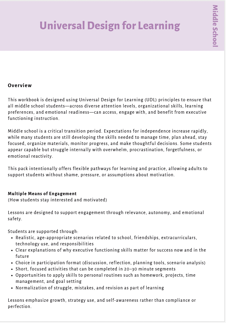 Executive Functioning Skills (Middle School) Instructional Guide