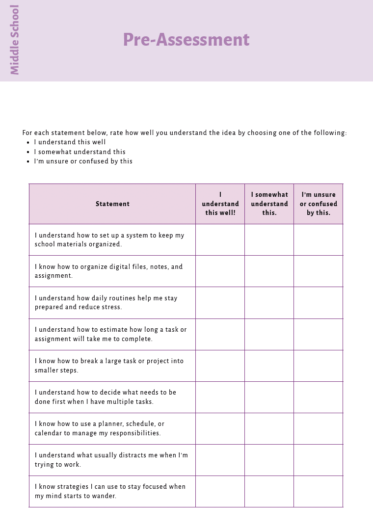 Executive Functioning Skills (Middle School) Instructional Guide