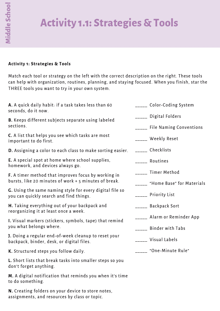 Executive Functioning Skills (Middle School) Instructional Guide