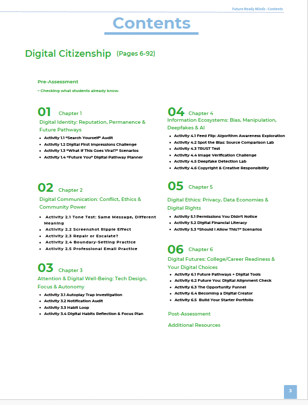Future Ready Minds: Digital Citizenship, AI Literacy, and Critical Thinking for Tomorrow’s World (High School) Workbook