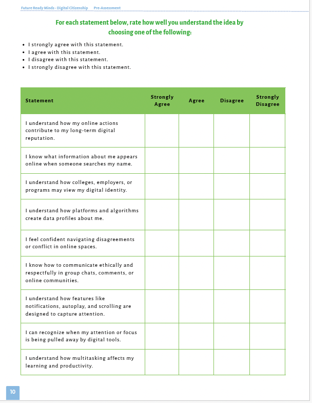 Future Ready Minds: Digital Citizenship, AI Literacy, and Critical Thinking for Tomorrow’s World (High School) Workbook