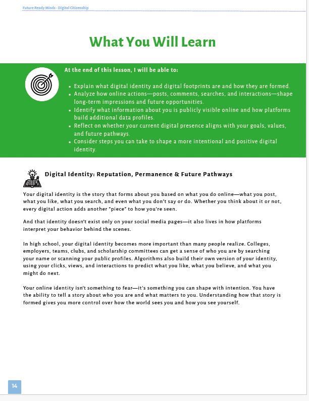 Future Ready Minds: Digital Citizenship, AI Literacy, and Critical Thinking for Tomorrow’s World (High School) Workbook