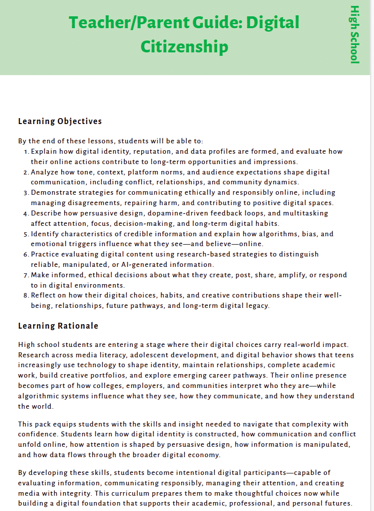 Future Ready Minds: Digital Citizenship, AI Literacy, and Critical Thinking for Tomorrow’s World (High School) Instructional Guide