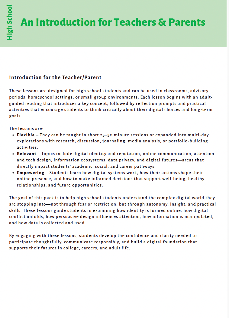 Future Ready Minds: Digital Citizenship, AI Literacy, and Critical Thinking for Tomorrow’s World (High School) Instructional Guide