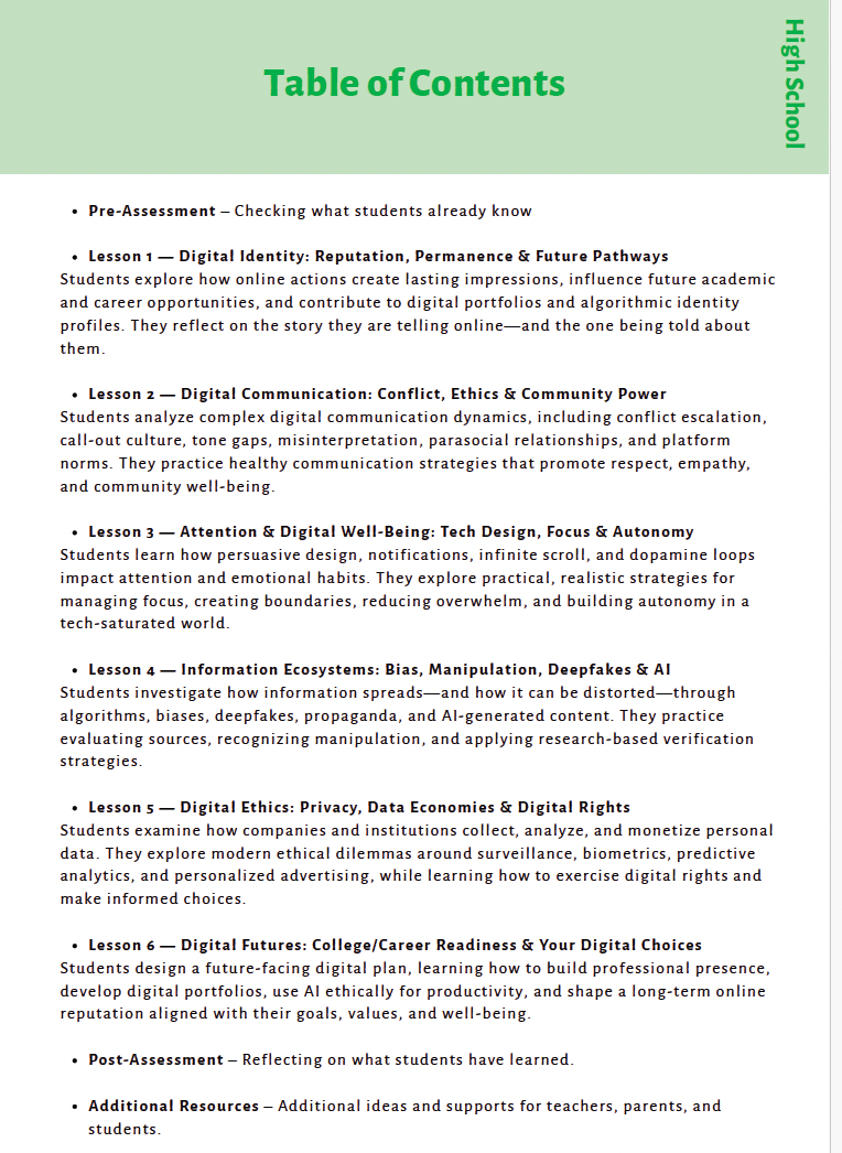 Future Ready Minds: Digital Citizenship, AI Literacy, and Critical Thinking for Tomorrow’s World (High School) Instructional Guide