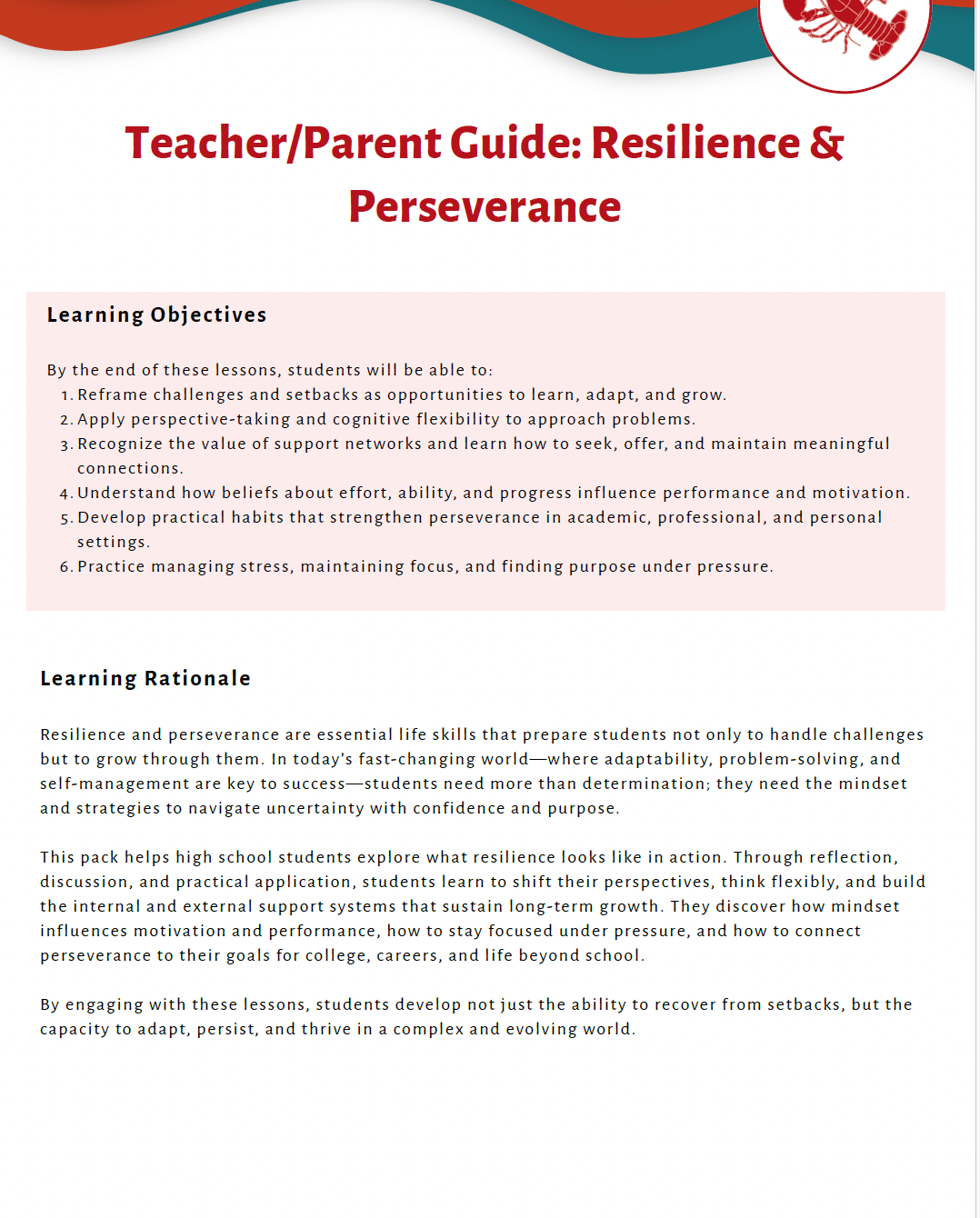 Resilience and Perseverance (High School) Teacher Resource Pack