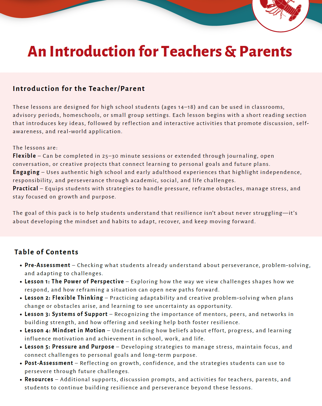 Resilience and Perseverance (High School) Teacher Resource Pack