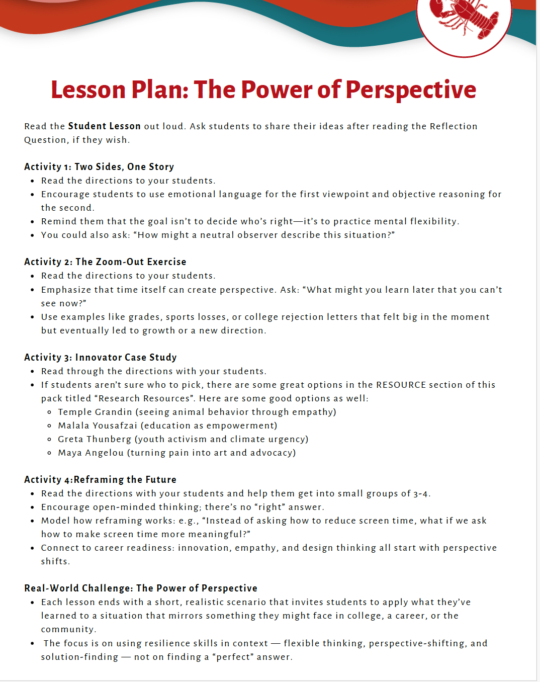 Resilience and Perseverance (High School) Teacher Resource Pack