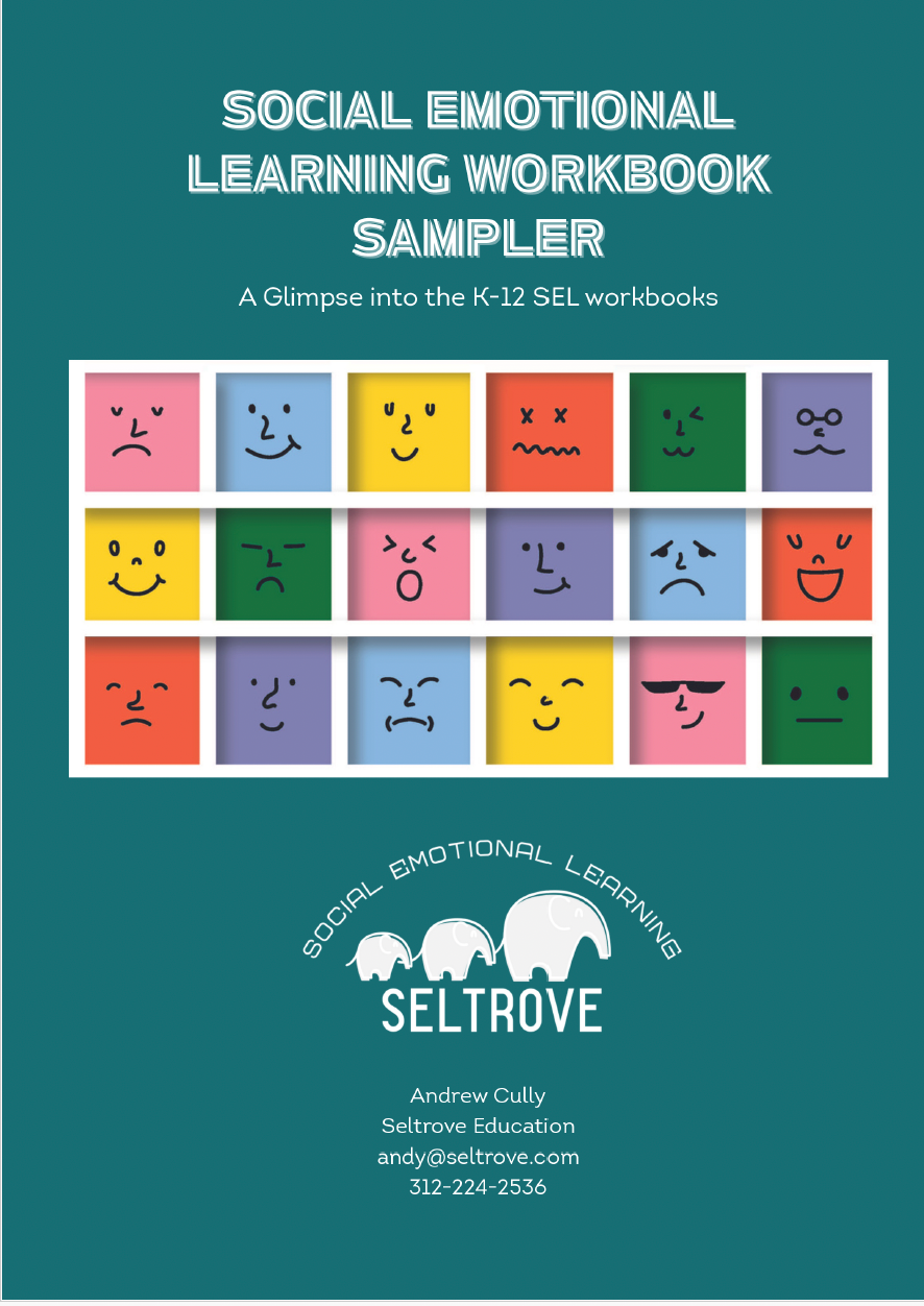 Sampler of a Social Emotional Learning Workbook with colorful square faces on a teal background, featuring the Seltrove Education logo.