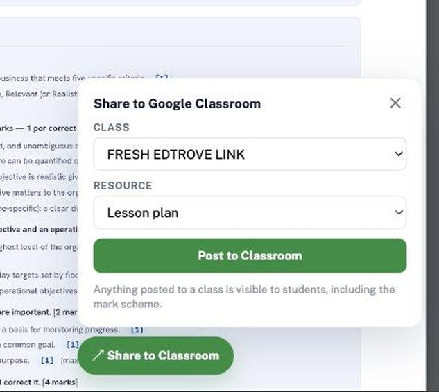 Share to Google Classroom — pick a class and a resource and post any lesson, worksheet or mark scheme in one click
