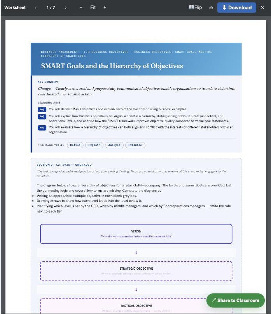 A watermarked student worksheet — SMART Goals and the Hierarchy of Objectives — with learning aims, command terms and structured tasks, ready to print or set digitally